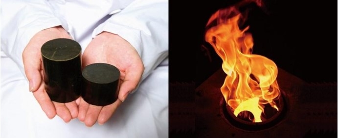 バイオコークス(左)、1500℃の高温環境下での燃焼の様子(右)