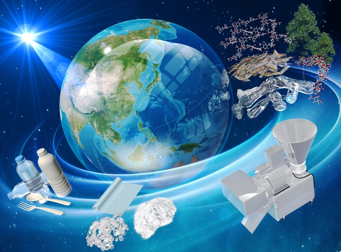 RSC Sustainabilityの表紙に採用されたイラスト:植物、天然バイオマス、廃木材などの天然バイオマス廃棄物資源から、生分解性プラスチックなどの化学製品群を作り上げるイメージをあらわしている