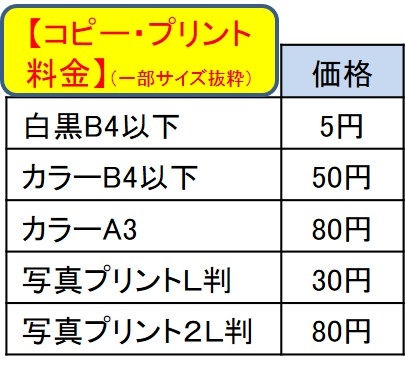 【コピー・プリント料金】(1面当たり価格、一部サイズ抜粋)