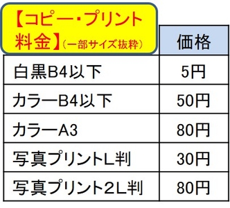 【コピー・プリント料金】（１面当たり価格、一部サイズ抜粋）