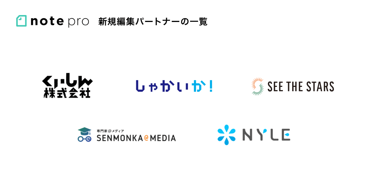 企業のメディア運営やコンテンツ制作を支援するnote pro編集パートナー、くいしん、しゃかいか！、シーザスターズ、専門家@メディア、ナイルが新たに参加。