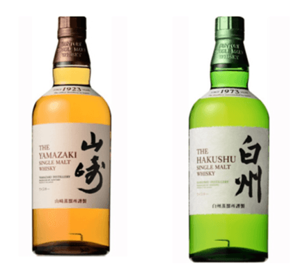今や入手困難といわれる「山崎」(左)とすっきりとした味わいの「白州」(右)
