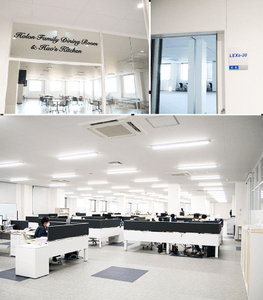 ４階は食堂と会議室。食堂には、張氏が自慢の料理を振る舞えるようキッチンも併設(左上）。会議室はそれぞれホロンの主力製品の名前がつけられている（右上）。３階は広々としたオフィス。更衣室とつながったパウダールーム仕様の女子トイレもこだわりのひとつ