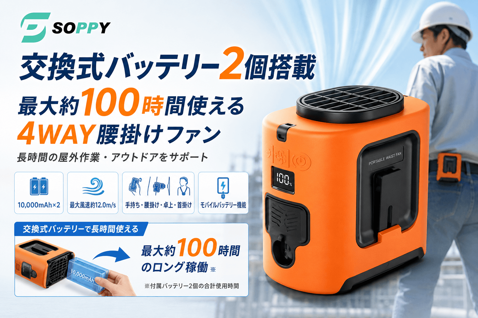 長時間の屋外作業で困る「充電待ち」を解消へ。【最大約100時間使用】SOPPY、交換式バッテリー2個搭載の4WAY腰掛けファンを提案