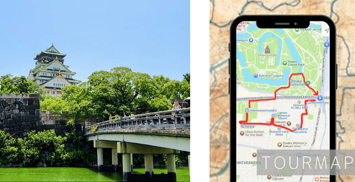 大阪城天守閣(左)、インスタ投稿用のツアーMAPイメージ(地図引用元:Google社「Google マップ」)(右)