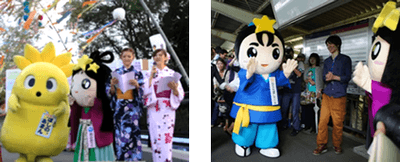 昨年度、浴衣姿で司会の様子　一昨年度のゆるキャラ姿の様子