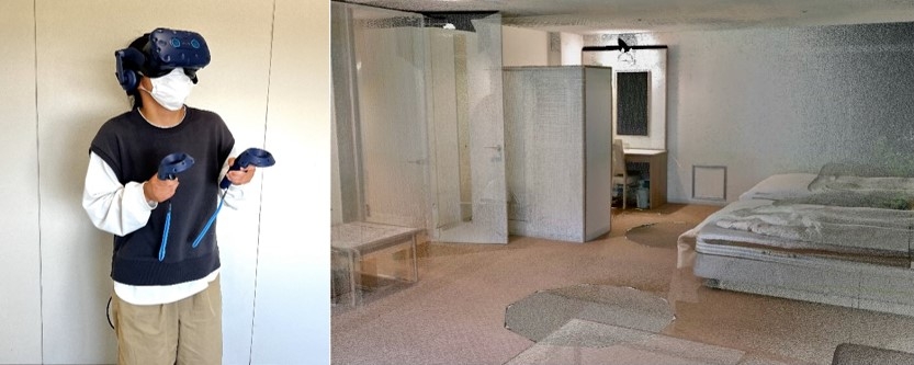 VRを使用している様子(左)、VR上のホテルの様子(右)