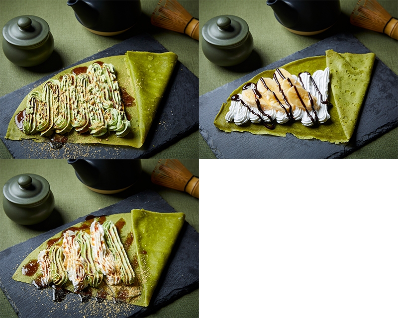 (写真左上から:黒糖きな粉 抹茶ホイップ、バナナチョコ ホイップ、左下:2種のクリーム入りスペシャルクレープ)