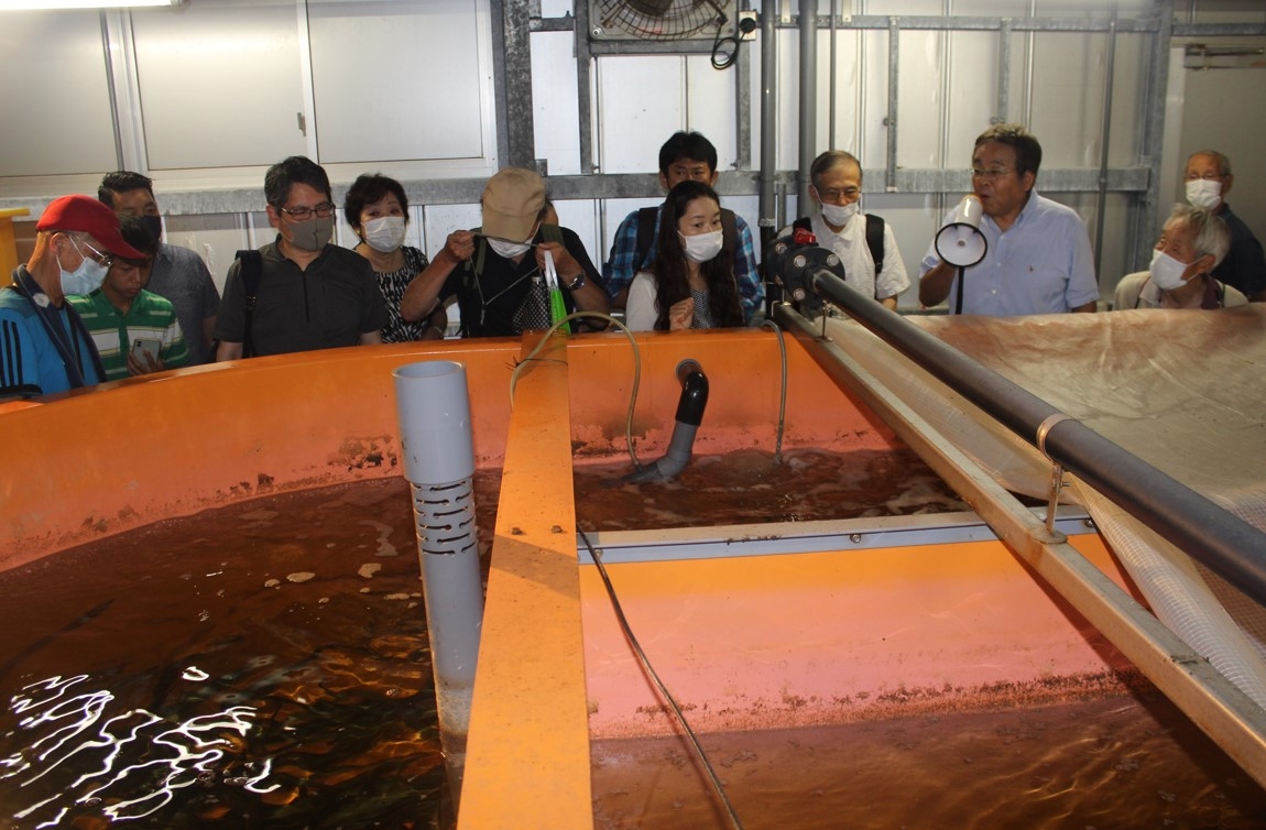 山本准教授(右から3人目)からウナギ養殖の説明を聞く受講者の皆さん