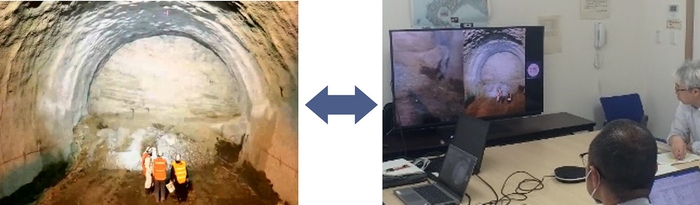 写真3:切羽確認をする機構職員(黄色のプロテクター)と機構事務所からのサポート状況