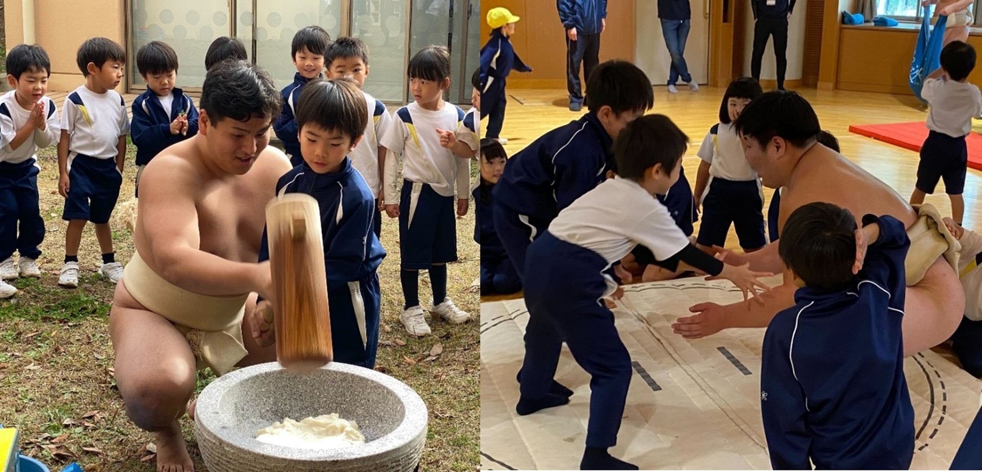 令和5年度(2023年度)「もちつき大会」と「相撲」で交流を深める様子