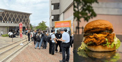 今年5月の営業時の様子（左）、KINDAI CHICKEN BURGER（右）