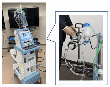 ▲ECMO。管から充填液で空気を排出するプライミング作業は数分で完了しなくてはならない。