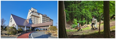 ホテルハーヴェスト天城高原の外観と自然豊かな森の散歩道