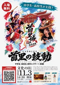 エイサーを踊る若者たちと首里城の背景