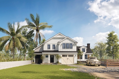 白壁と木目調の大きなガレージドアが特徴的な2階建てのアメリカンハウス。クラシックなピックアップトラックと調和した外観。※画像はイメージです。