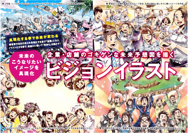 企業・店舗のゴキゲンな未来予想図を描く、ビジョン見える化イラスト!