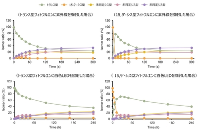  図４： 光照射（紫外線・白色LED）によるフィトフルエンの異性化挙動
