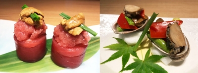 左）近大マグロの巻き寿司　近大産ウニのっけ　　右）近大産トコブシのバター焼き