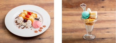 ▲音駒のナポレオンパイ～猫の散歩道仕立て～／▲及川の牛乳パン風パフェ