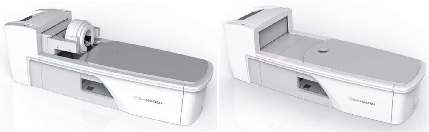 頭部・乳房用TOF-PET装置 (左)頭部撮影モード、(右)乳房撮影モード