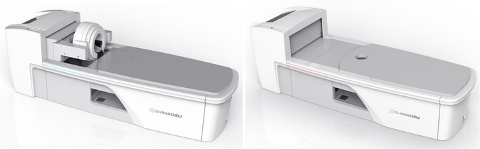 頭部・乳房用TOF-PET装置 (左)頭部撮影モード、(右)乳房撮影モード