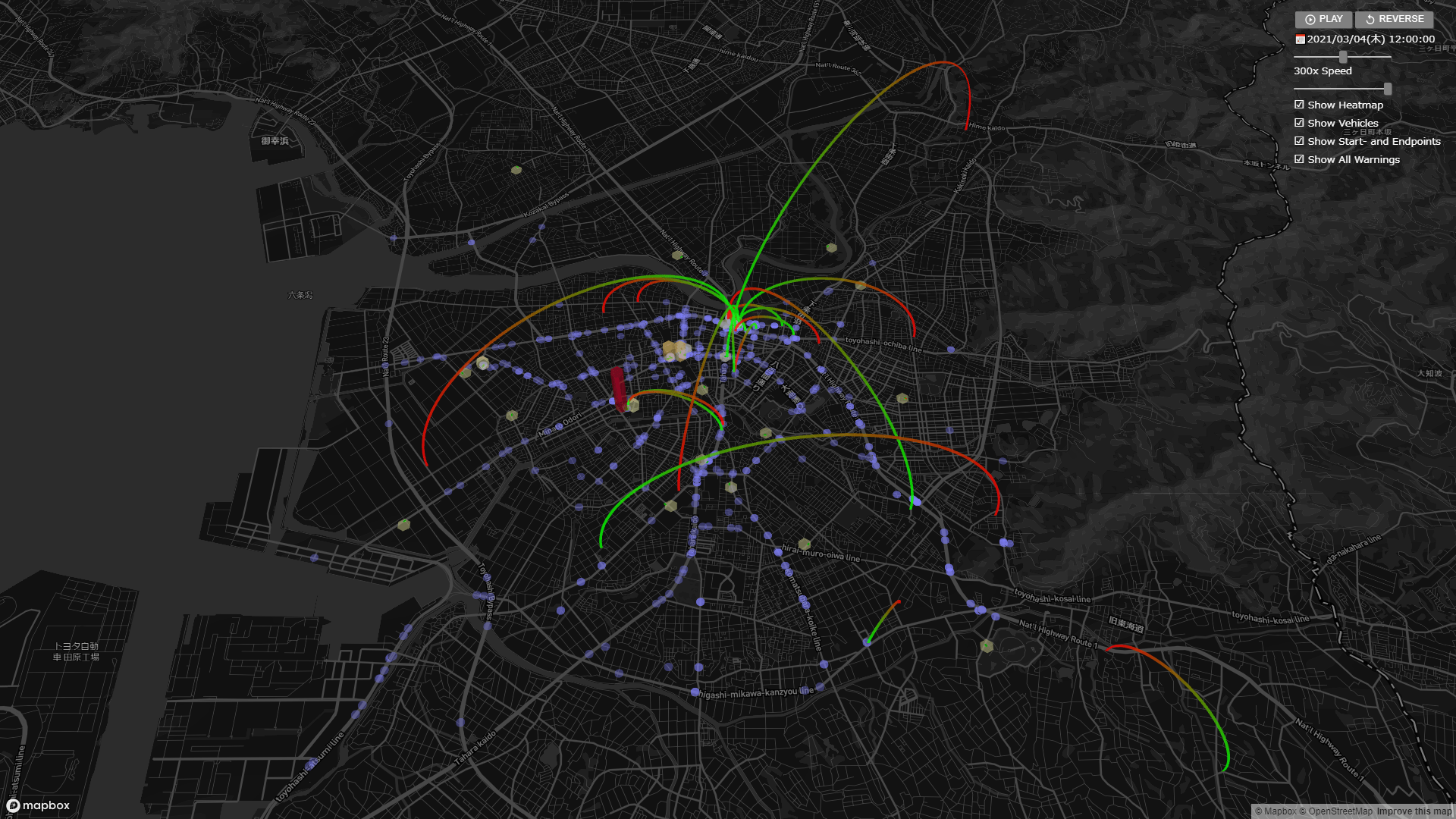「運行安全管理システム(開発中)」の画面例 ー 豊橋市近辺、2021/3/4 12:00 (※4)