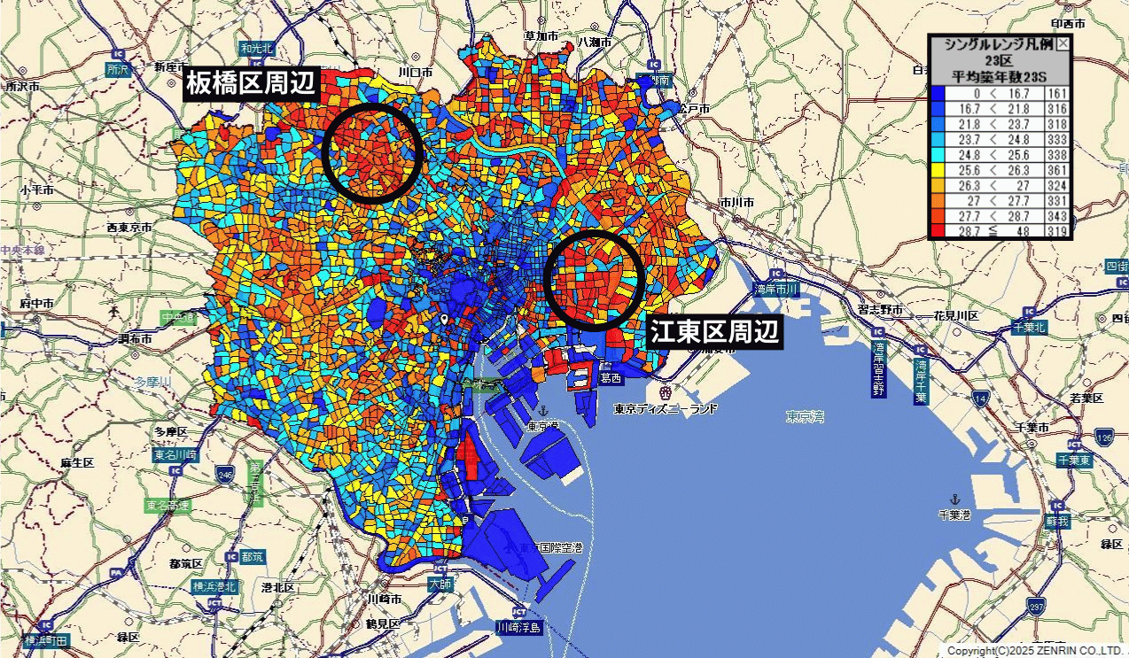 東京23区内の平均築年数ヒートマップ