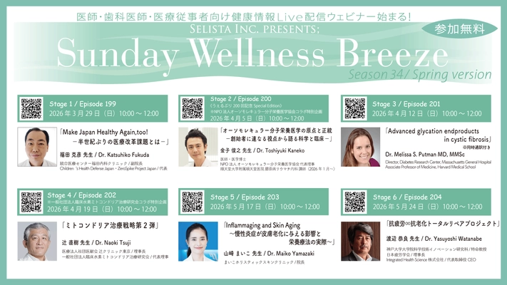Selista Inc. Presents. 『Sunday Wellness Breeze』Season 34 Spring version　 全6回Stage 2026年3月29日(日)～ 5月24日(日)の日曜日の朝に開催