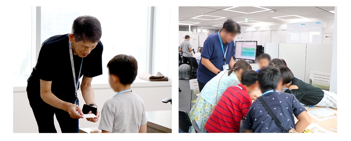 大木社長と名刺交換/スタンプラリーでシールをもらう子供たち