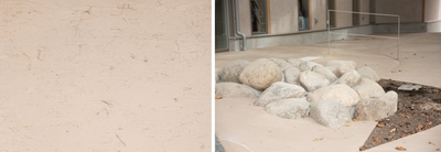 左から：“牧草”を漆喰に練りこんだ独自の壁材、掘り出した石のモニュメント