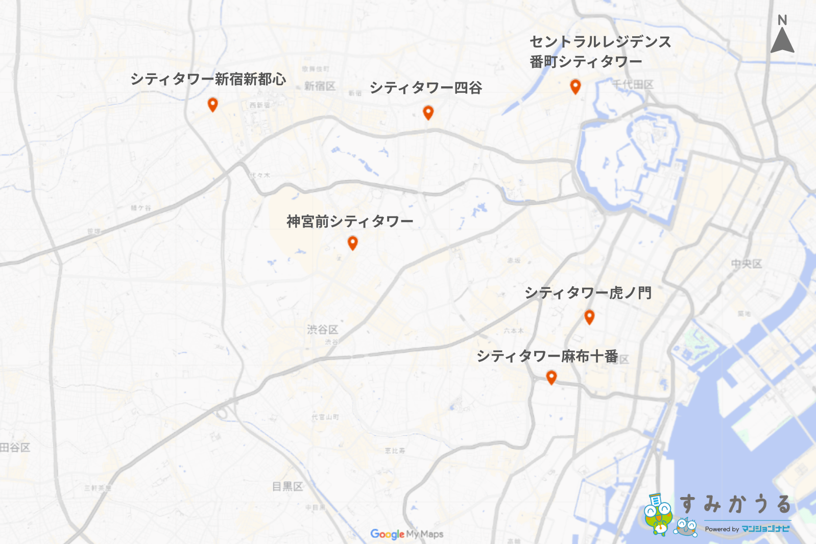 画像3:東京都心部における代表的なシティタワーを示した地図(マンションナビ)