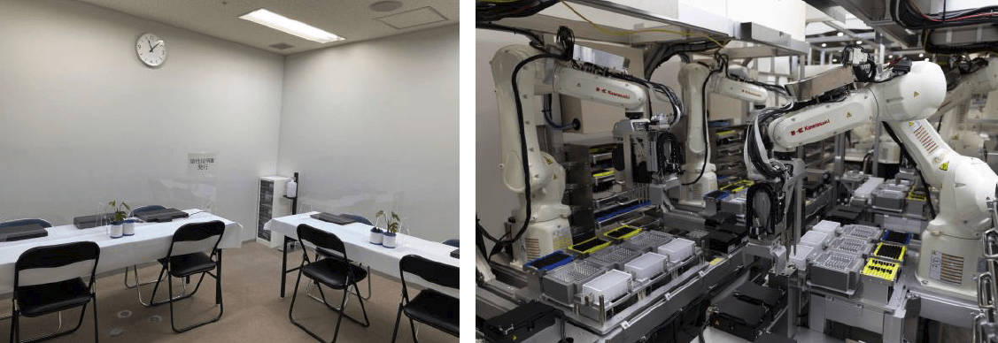 PCR検査センター受付(左)、コンテナ内で稼働するロボット(右)