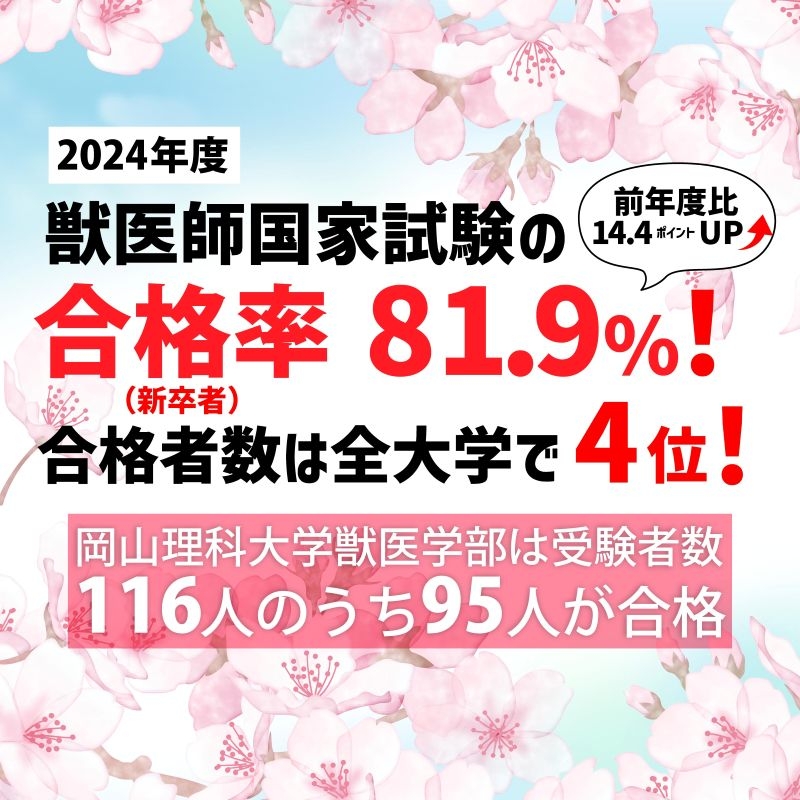 【岡山理科大学】獣医師国家試験の合格率81.9%   合格者数は全大学で4位