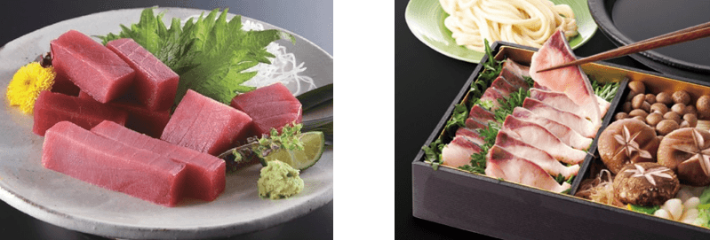 黒門市場 新魚栄 近大マグロセット(左)、近大技術支援 食縁のブリ 出汁しゃぶセット(右)