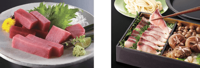 黒門市場　新魚栄　近大マグロセット（左）、近大技術支援　食縁のブリ　出汁しゃぶセット（右）