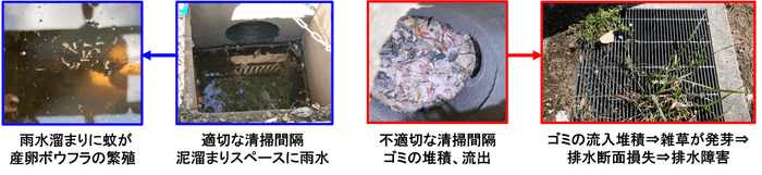 適切な清掃をすれば蚊の繁殖地となり、不適切であれば排水障害を起こす