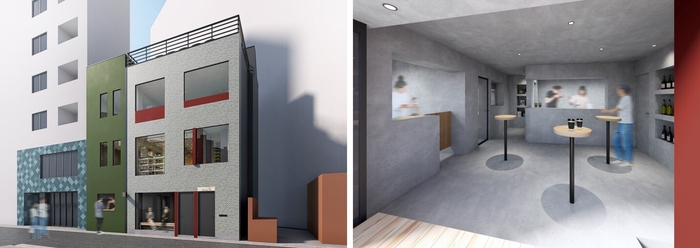 「東京tebiki隣」外観(左)と、1F「Share Kitchen」