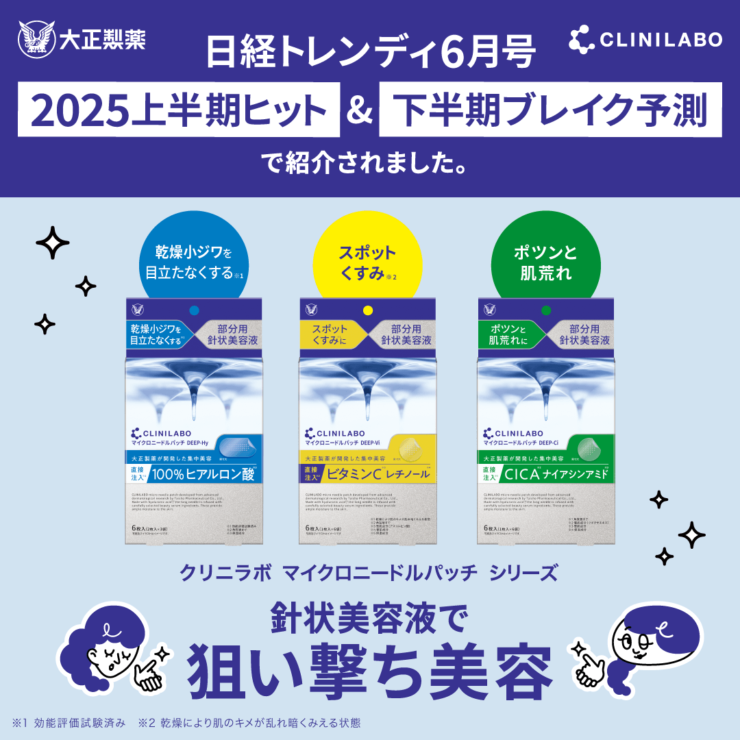 クリニラボ マイクロニードルパッチが 「日経トレンディ6月号 2025上半期ヒット＆下半期ブレイク予測」で 紹介されました。