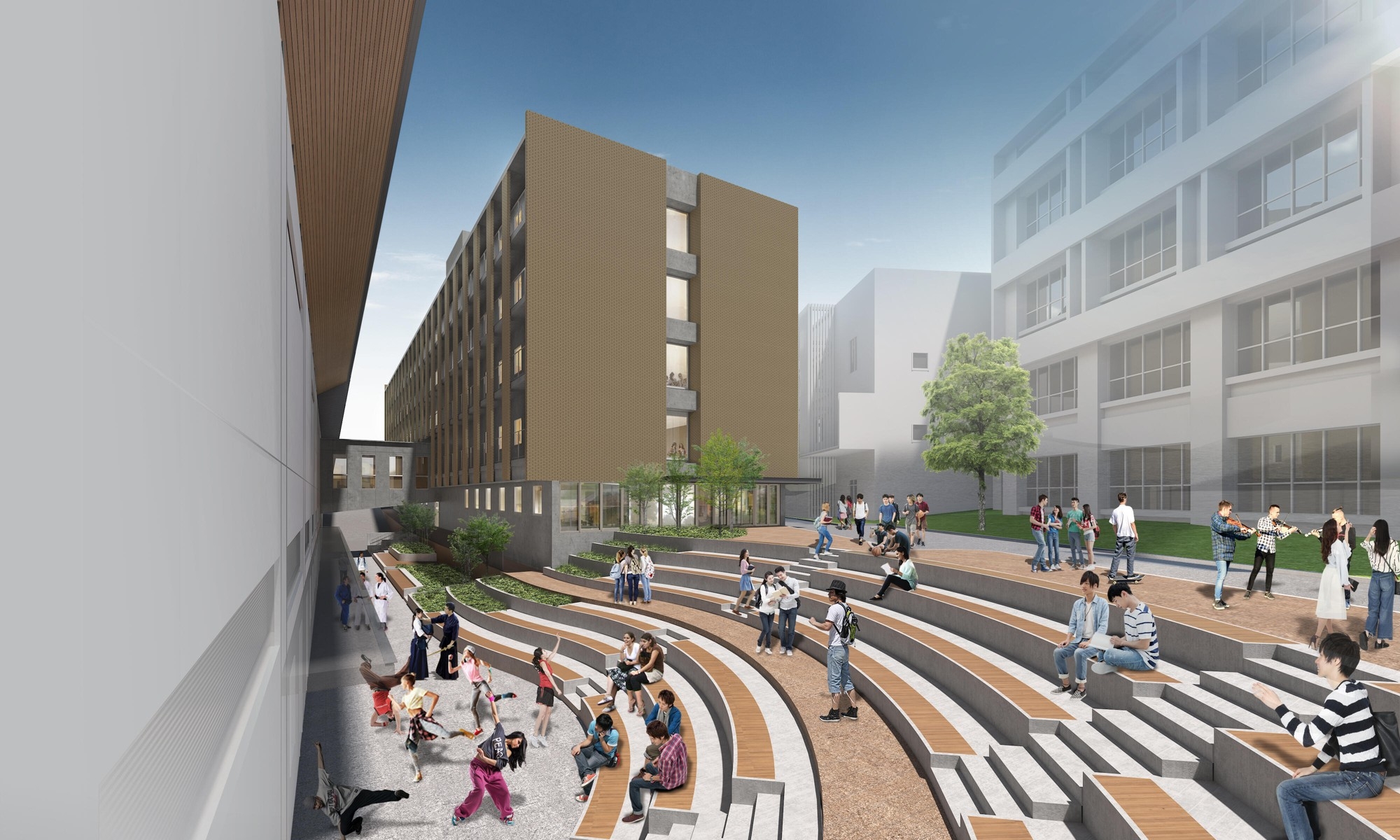 クラブハウス棟(奥)とアスレチックガーデン(手前)の完成イメージ