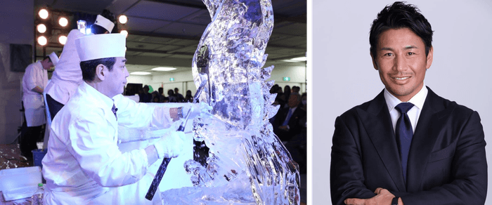 左)氷彫刻実演　右)祭典サポーター 魔裟斗さん