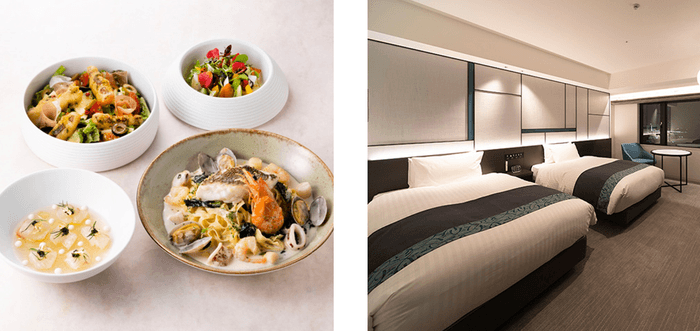 近大マダイ®を使ったイタリアンディナー(左)、スーペリアツインルーム(24.9㎡)(右)