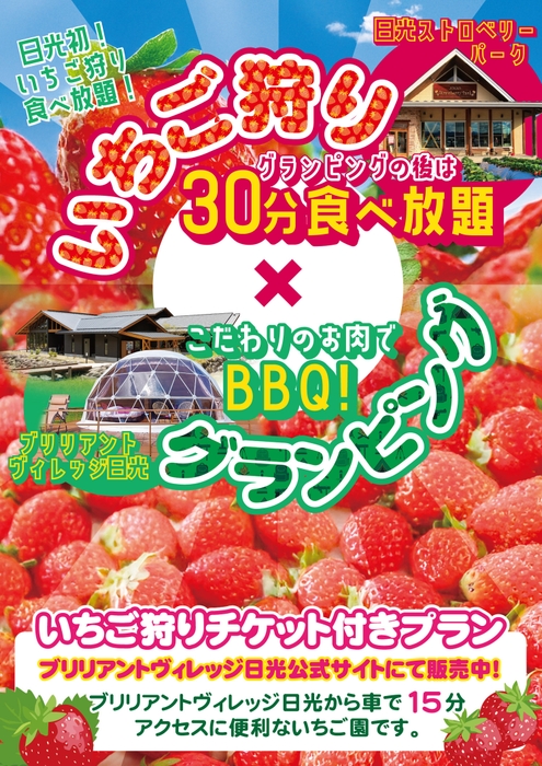 いちご狩りプラン ブリリアントヴィレッジから車で15分!日光ストロベリーパークいちご狩り30分食べ放題プラン