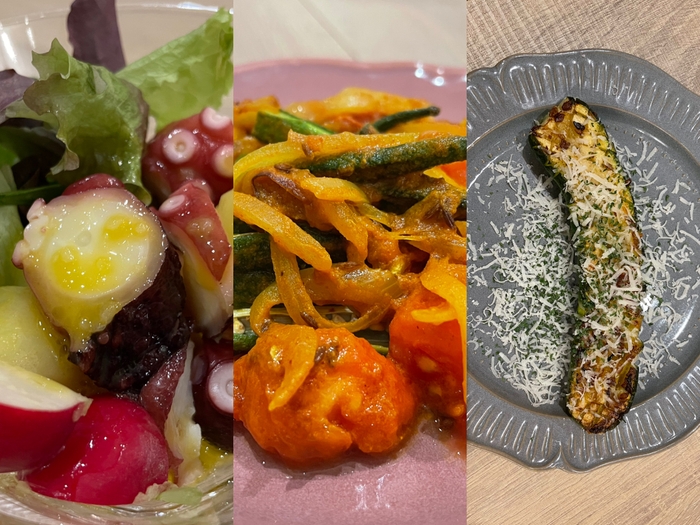 左からタコとポテトのルイユソース、オクラのスパイス炒め、ズッキーニのステーキ