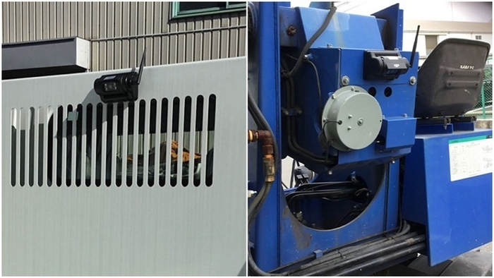 取り付けイメージ(左:ダンプカー、右:高所作業車)。カメラの角度は手動で変更可能