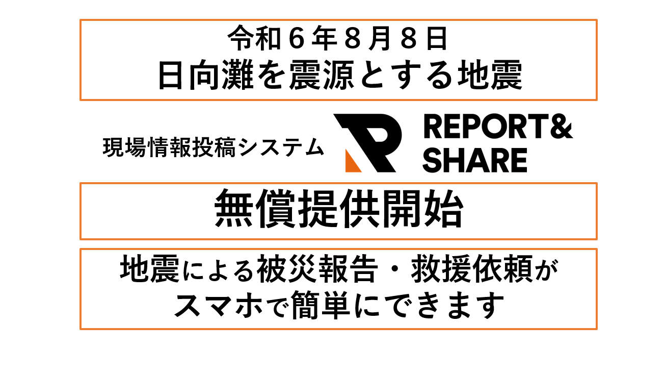 リアルグローブ、令和6年8月8日、日向灘を震源とする地震(宮崎県 鹿児島県)で被災した地域の自治体、被災状況を報告協力できる方、救援を要する方に、被災報告・救援依頼を共有できる「REPORT&SHARE」の投稿フォームを無償で公開
