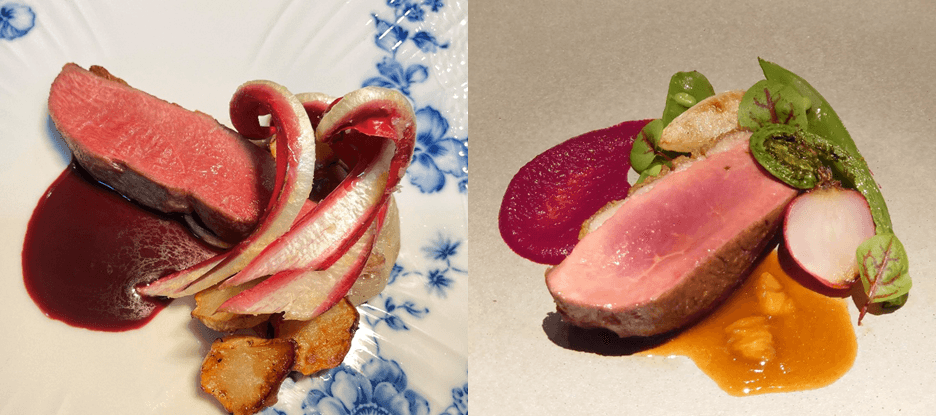 「近大鴨胸肉のロースト 赤ワインソース」(左)、「塩麹でマリネした近大鴨のロースト 柑橘のソース ビーツのピュレ」(右)