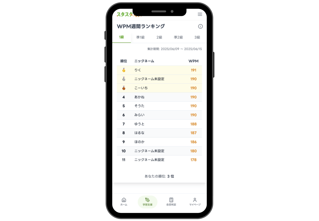 【画像:WPM週間ランキング画面(自分の順位表示を含む)のスクリーンショット】