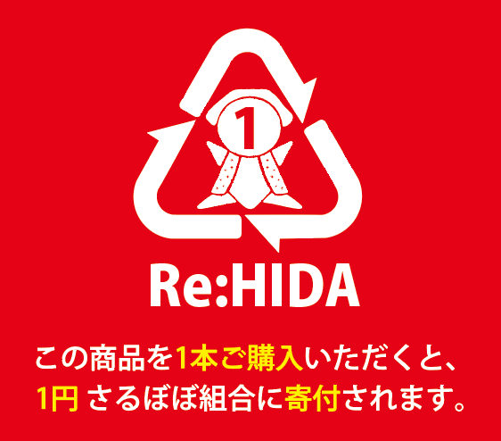 1本購入で1円さるぼぼ組合に寄付する仕組みと、マークデザイン。