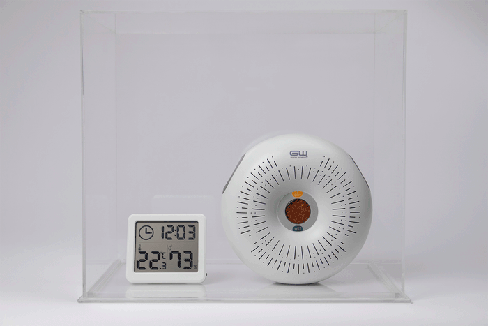 吸湿力テストを行い、20Lのスペースで12:00〜17:00の約5時間、湿度が75%から42%に下がりました。(室温22℃環境下)